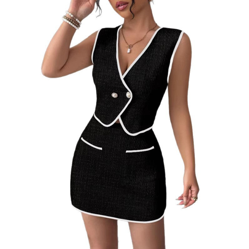 Women's Casual Sleeveless Irregular Top And Color-Block Pocket A-Line Skirt Set