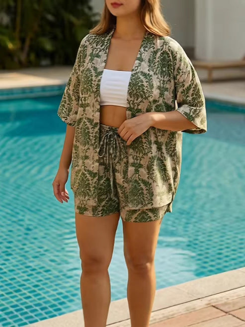 New Fashionable Printed Shorts Cardigan Women's Set