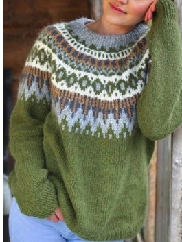 Round Neck Pullover Jacquard Vintage Print Sweater