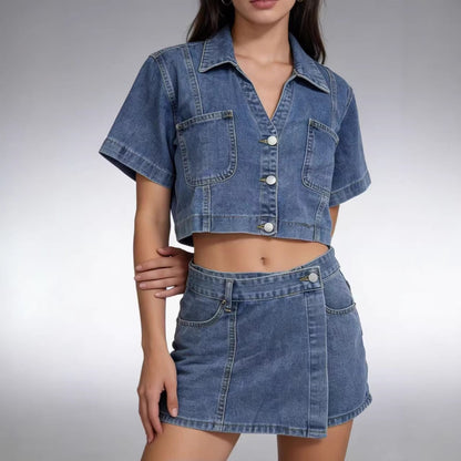 Denim Shirt And Skort Set Stylish Two-Piece Summer Loose And Comfortable Denim Outfit
