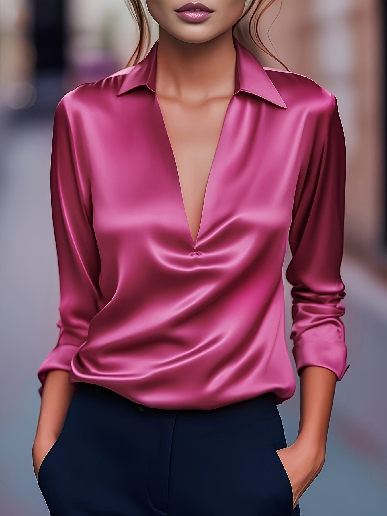 Solid Color Simple V-neck Shirt Long Sleeve Shirt