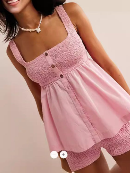 Womens Solid-Colored Suspender Ruched Button-Up Set