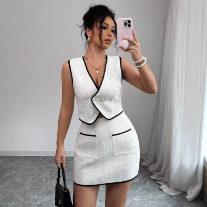 Women's Casual Sleeveless Irregular Top And Color-Block Pocket A-Line Skirt Set