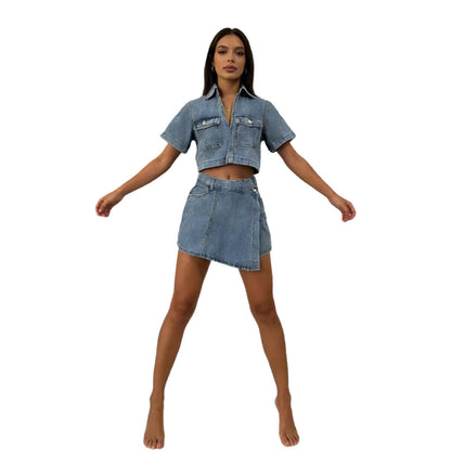 Workwear Denim Jumpsuit Skirt Womens Summer V-Neck Short-Sleeve Top Summer Womens Chic Irregular Style