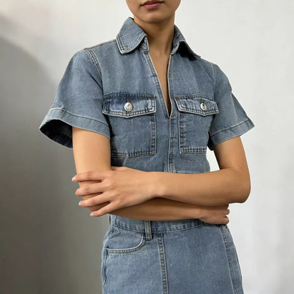 Workwear Denim Jumpsuit Skirt Womens Summer V-Neck Short-Sleeve Top Summer Womens Chic Irregular Style