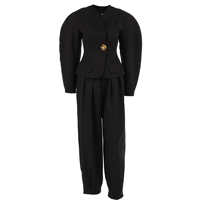 Elegant Puff-Sleeve Blazer And Pants Black Suit Set