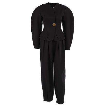 Elegant Puff-Sleeve Blazer And Pants Black Suit Set