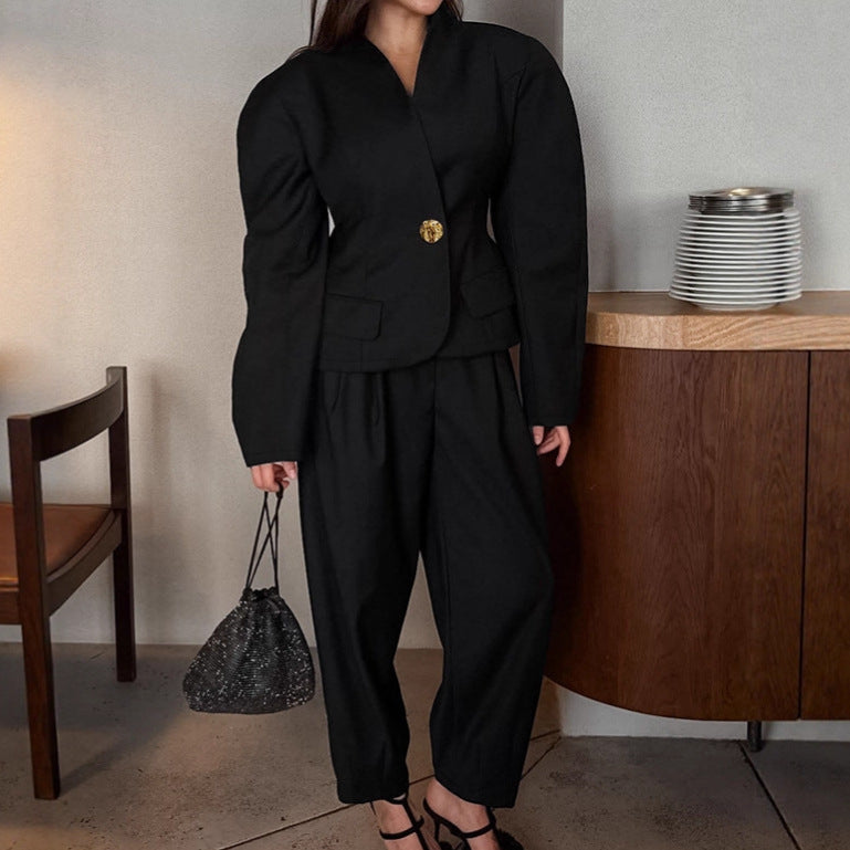 Elegant Puff-Sleeve Blazer And Pants Black Suit Set