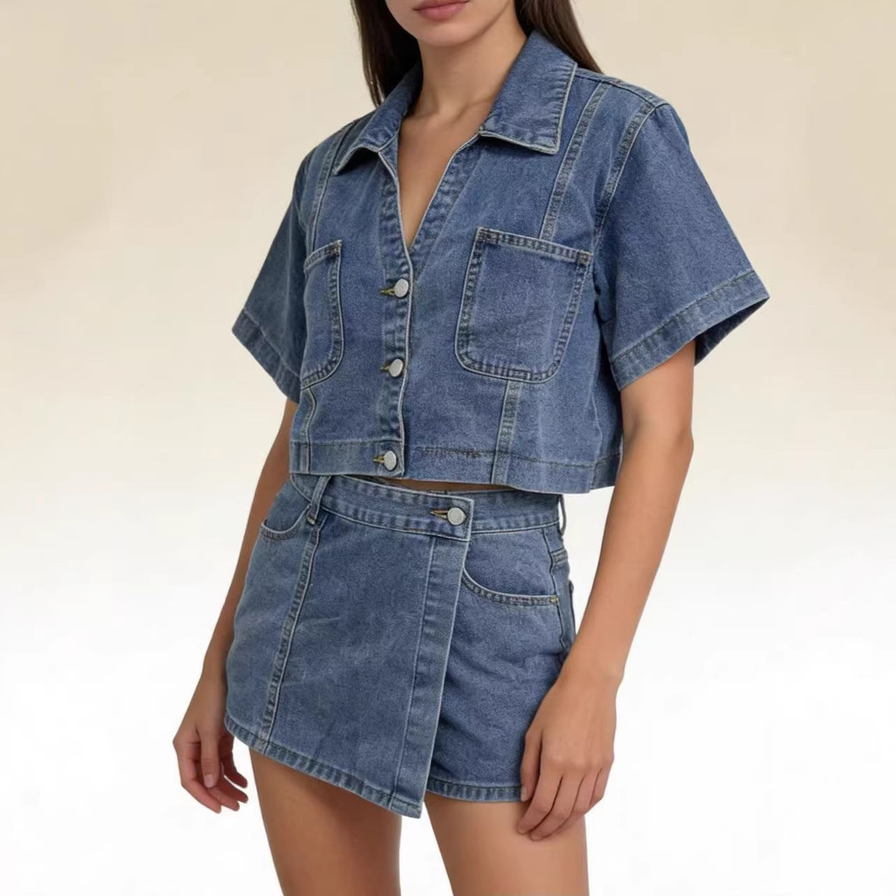 Denim Shirt And Skort Set Stylish Two-Piece Summer Loose And Comfortable Denim Outfit