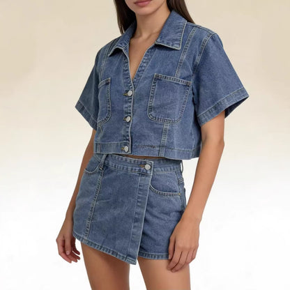 Denim Shirt And Skort Set Stylish Two-Piece Summer Loose And Comfortable Denim Outfit