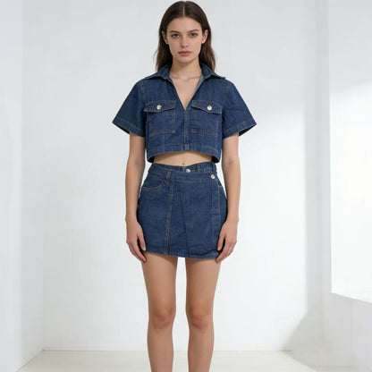 Workwear Denim Jumpsuit Skirt Womens Summer V-Neck Short-Sleeve Top Summer Womens Chic Irregular Style