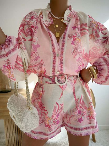High-waisted Shorts, Fashionable Shirt, Linen Casual Chic Set