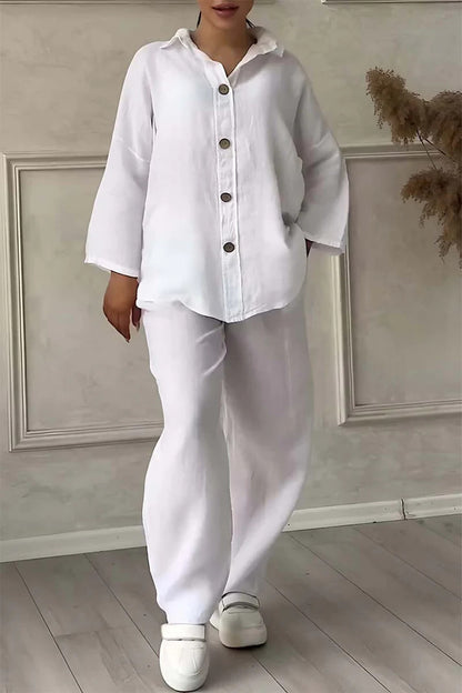 Cotton And Linen Shirt Outfit High Waist Loose Trousers