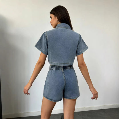Workwear Denim Jumpsuit Skirt Womens Summer V-Neck Short-Sleeve Top Summer Womens Chic Irregular Style