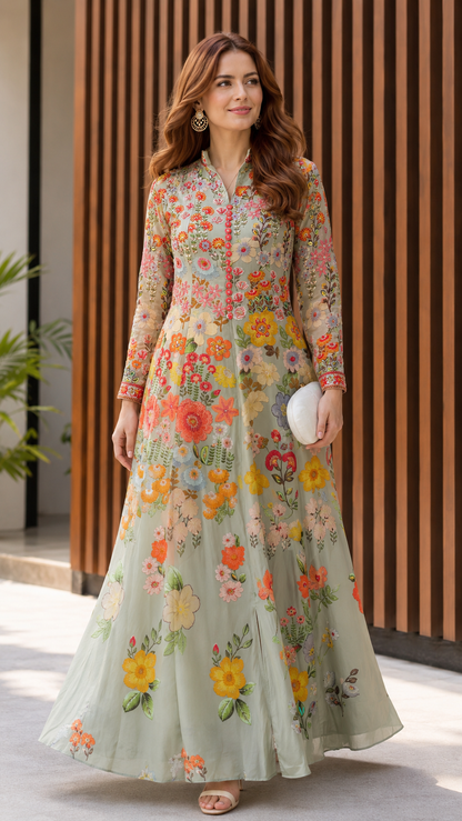 Sage Floral Embroidered Long Sleeve Maxi Dress