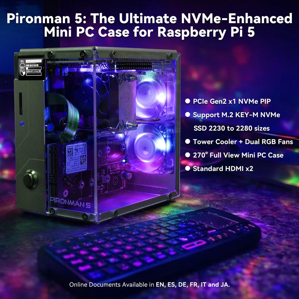 Pironman 5 NVMe M.2 SSD PCIe 2.0/3.0 Mini PC Case for Raspberry Pi 5 Hailo-8L, AI Agent OpenClaw, Tower Cooler+Dual RGB Fans, 0.96'' OLED Module, Safe Shutdown, Standard HDMI, RGB Effect