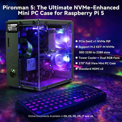 Pironman 5 NVMe M.2 SSD PCIe 2.0/3.0 Mini PC Case for Raspberry Pi 5 Hailo-8L, AI Agent OpenClaw, Tower Cooler+Dual RGB Fans, 0.96'' OLED Module, Safe Shutdown, Standard HDMI, RGB Effect