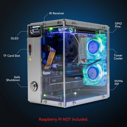 Pironman 5 NVMe M.2 SSD PCIe 2.0/3.0 Mini PC Case for Raspberry Pi 5 Hailo-8L, AI Agent OpenClaw, Tower Cooler+Dual RGB Fans, 0.96'' OLED Module, Safe Shutdown, Standard HDMI, RGB Effect