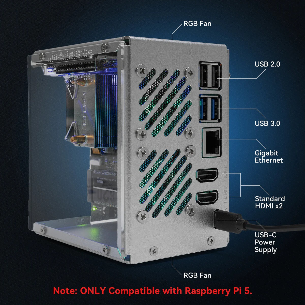 Pironman 5 NVMe M.2 SSD PCIe 2.0/3.0 Mini PC Case for Raspberry Pi 5 Hailo-8L, AI Agent OpenClaw, Tower Cooler+Dual RGB Fans, 0.96'' OLED Module, Safe Shutdown, Standard HDMI, RGB Effect