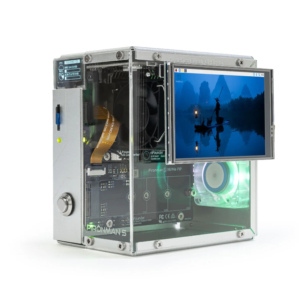 Pironman 5 NVMe M.2 SSD PCIe 2.0/3.0 Mini PC Case for Raspberry Pi 5 Hailo-8L, AI Agent OpenClaw, Tower Cooler+Dual RGB Fans, 0.96'' OLED Module, Safe Shutdown, Standard HDMI, RGB Effect