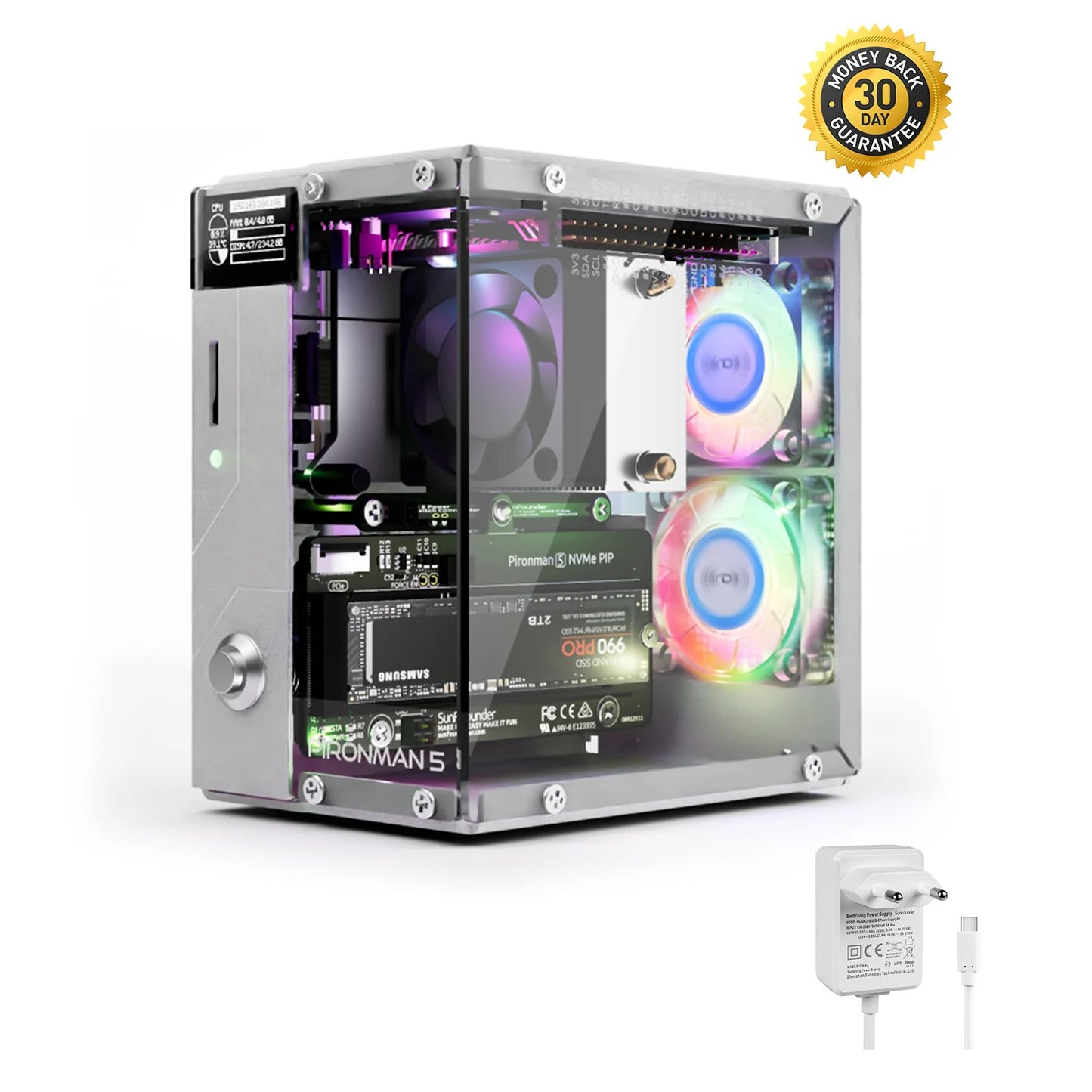 Pironman 5 NVMe M.2 SSD PCIe 2.0/3.0 Mini PC Case for Raspberry Pi 5 Hailo-8L, AI Agent OpenClaw, Tower Cooler+Dual RGB Fans, 0.96'' OLED Module, Safe Shutdown, Standard HDMI, RGB Effect