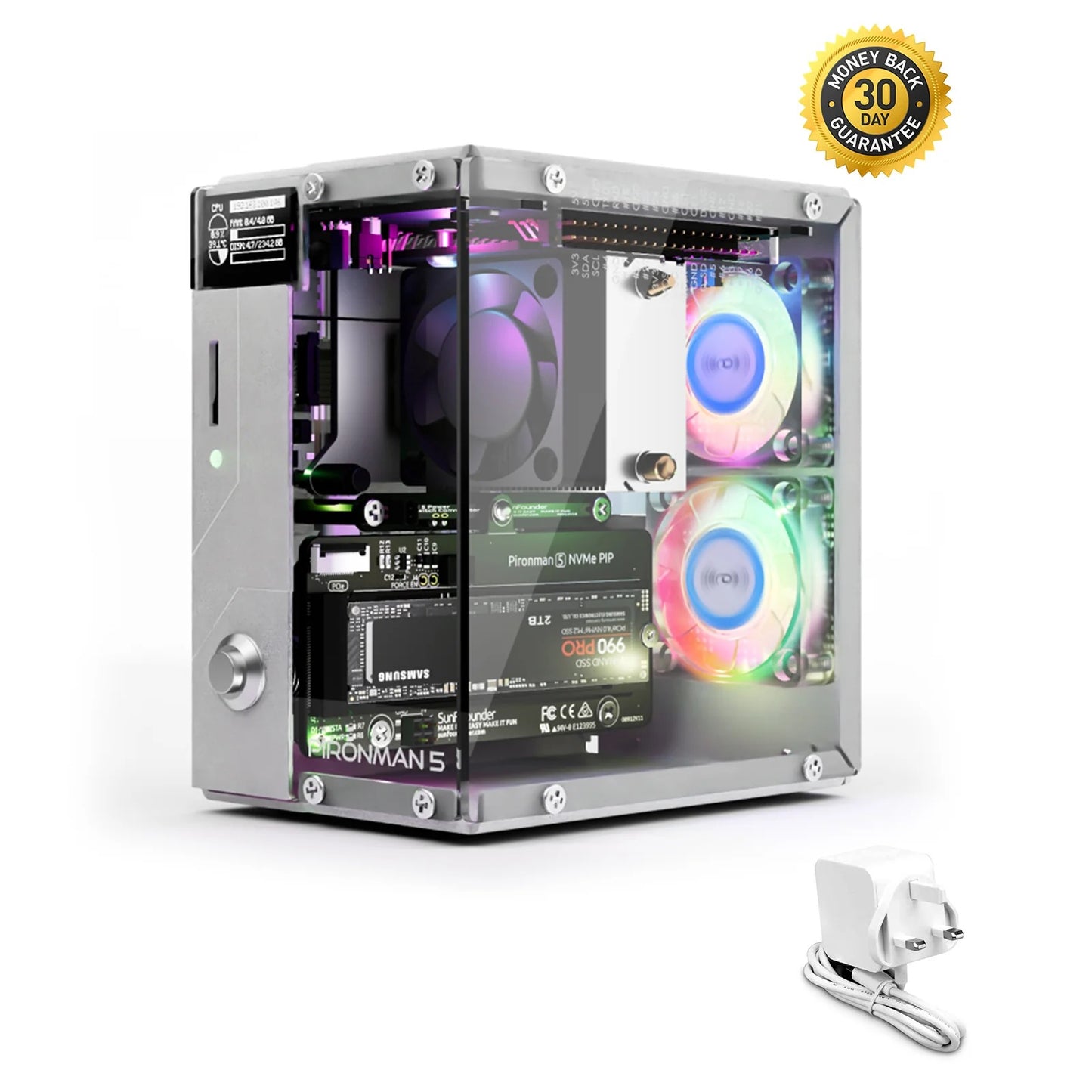 Pironman 5 NVMe M.2 SSD PCIe 2.0/3.0 Mini PC Case for Raspberry Pi 5 Hailo-8L, AI Agent OpenClaw, Tower Cooler+Dual RGB Fans, 0.96'' OLED Module, Safe Shutdown, Standard HDMI, RGB Effect